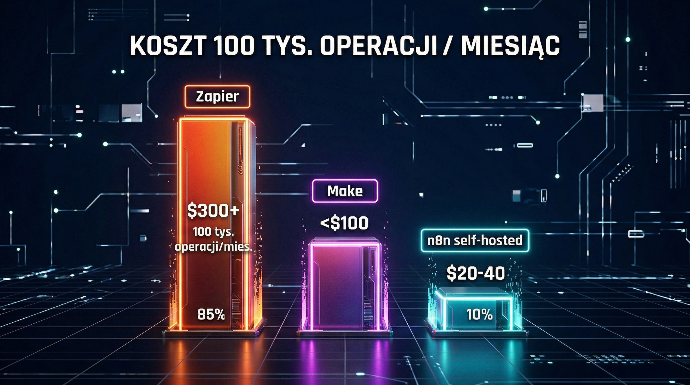 Porównanie kosztów 100 tysięcy operacji miesięcznie na platformach Zapier Make i n8n w 2026